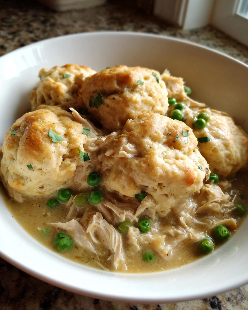 Close-up of a bowl filled with creamy slow cooker chicken and dumplings, featuring tender shredded chicken, green peas, and fluffy biscuits.