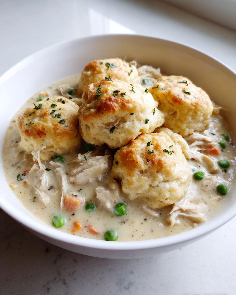 A close-up of creamy slow cooker chicken and dumplings topped with fluffy biscuits and parsley.