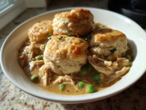 A white bowl filled with creamy slow cooker chicken and dumplings topped with fluffy biscuits and green peas.