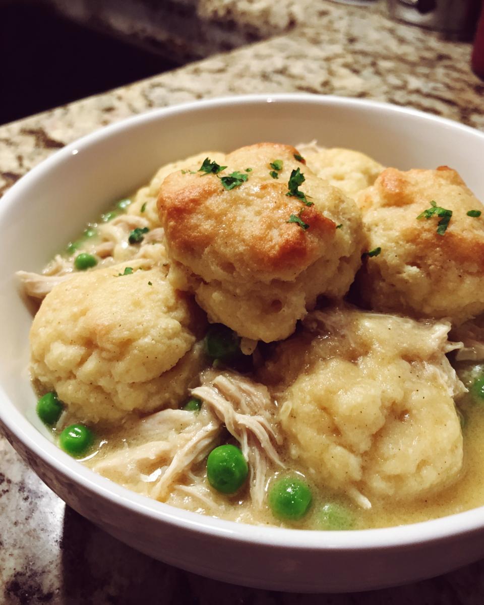 A close-up of a white bowl filled with creamy slow cooker chicken and dumplings, garnished with peas and parsley.