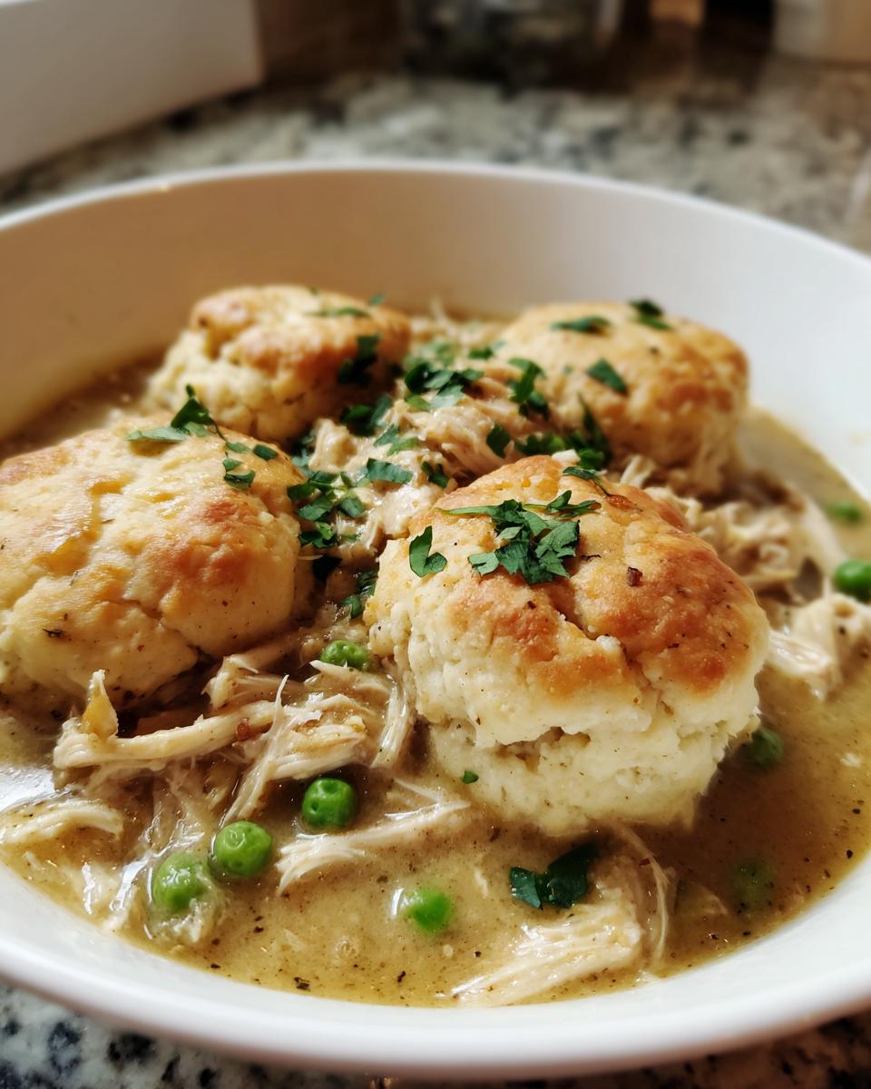 Close-up of a bowl of creamy slow cooker chicken and dumplings topped with fresh parsley.