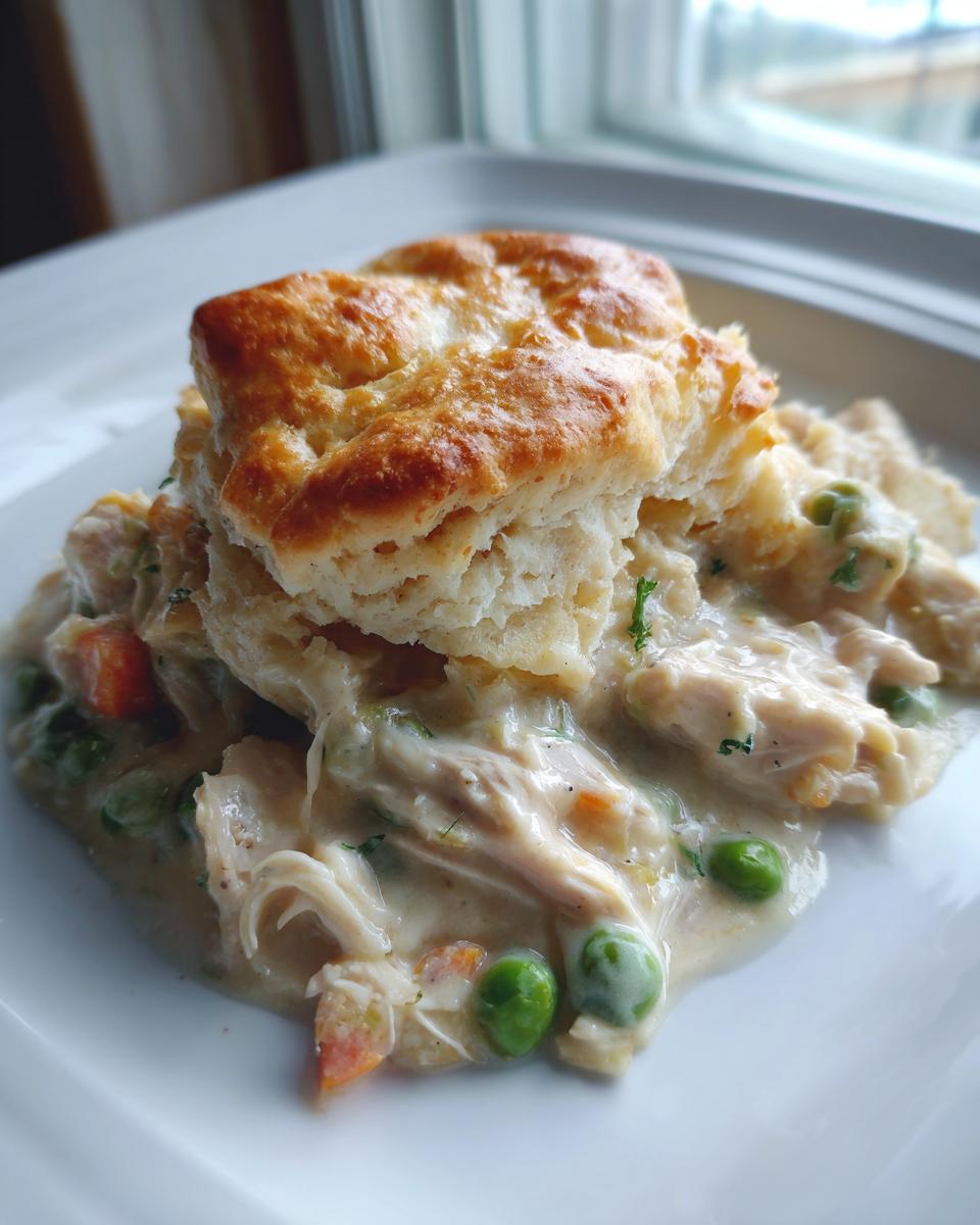 A serving of creamy slow cooker chicken pot pie topped with a golden brown biscuit on a white plate.