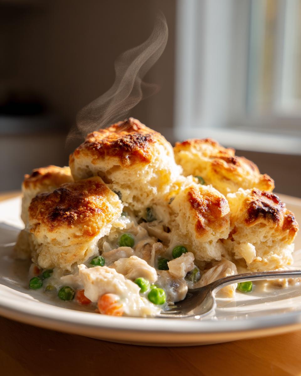 A serving of hot slow cooker chicken pot pie topped with golden biscuits, steam rising from the dish.