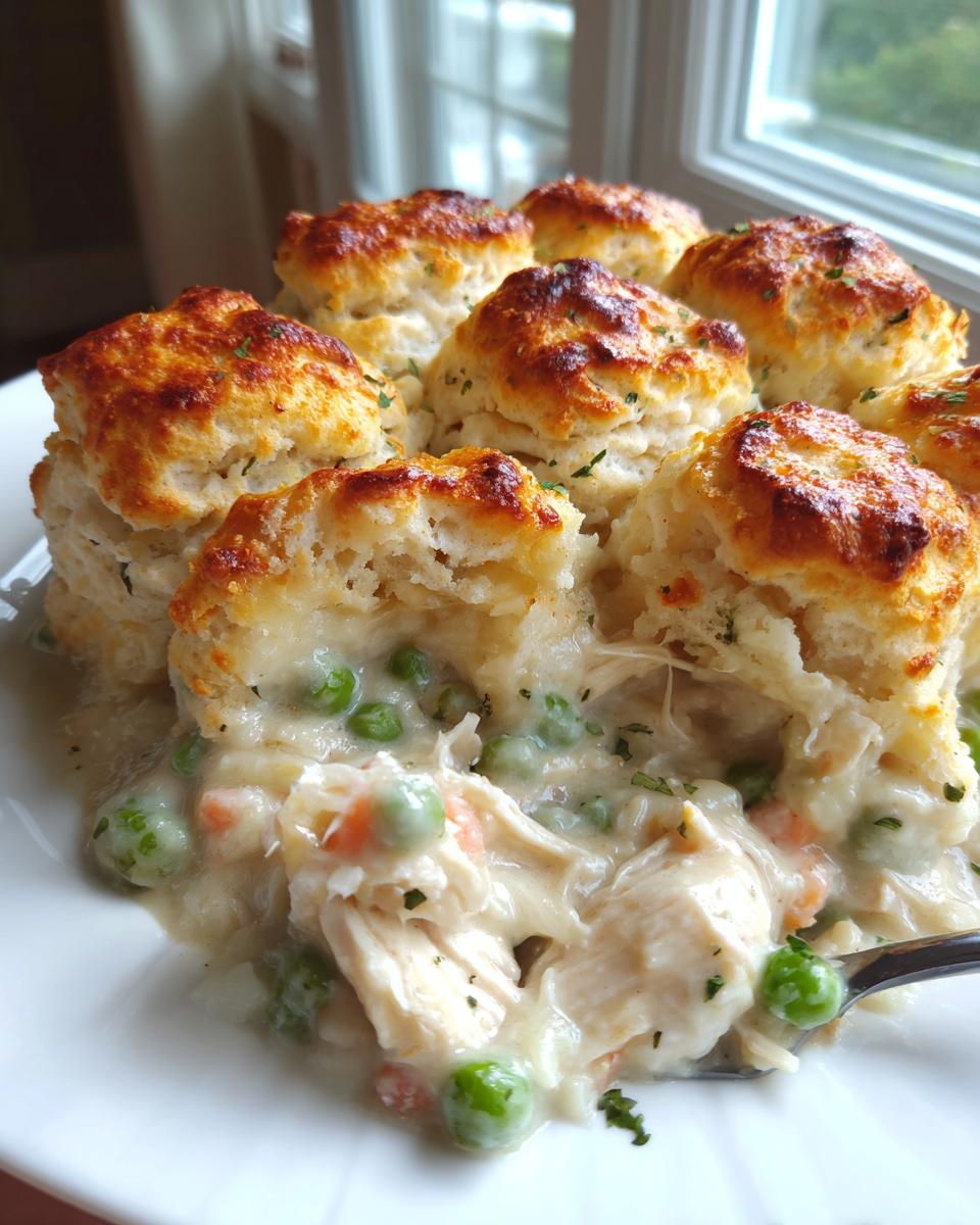 A spoonful of creamy slow cooker chicken pot pie filling with shredded chicken, peas, and carrots, topped with golden baked biscuits.