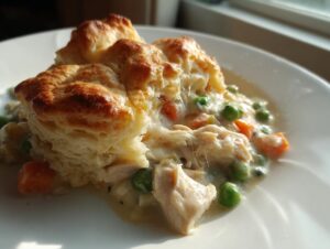 A close-up of a serving of slow cooker chicken pot pie featuring shredded chicken, peas, carrots, and a golden, flaky biscuit topping.