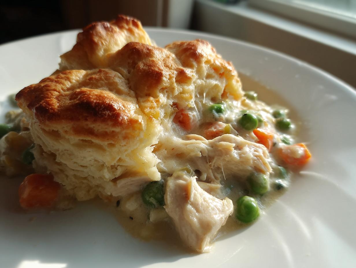 A close-up of a serving of slow cooker chicken pot pie featuring shredded chicken, peas, carrots, and a golden, flaky biscuit topping.