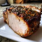 Close-up of a perfectly cooked slice of slow cooker turkey breast showing moist white meat and a dark, herbed crust.
