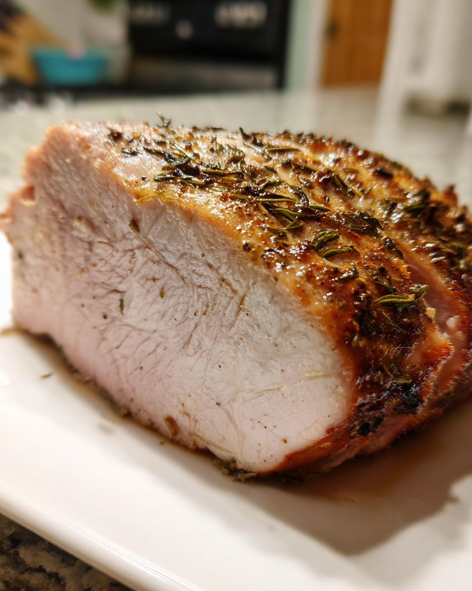 Close-up of a perfectly cooked, juicy slow cooker turkey breast slice showing the moist interior and herb crust.