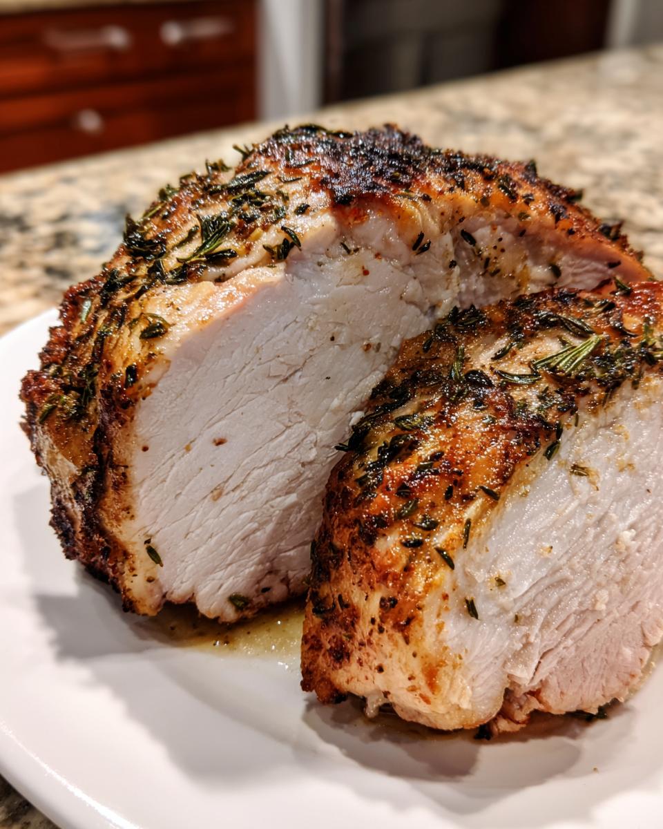 A close-up of a juicy slow cooker turkey breast, sliced to show the moist white meat and herb-crusted exterior.