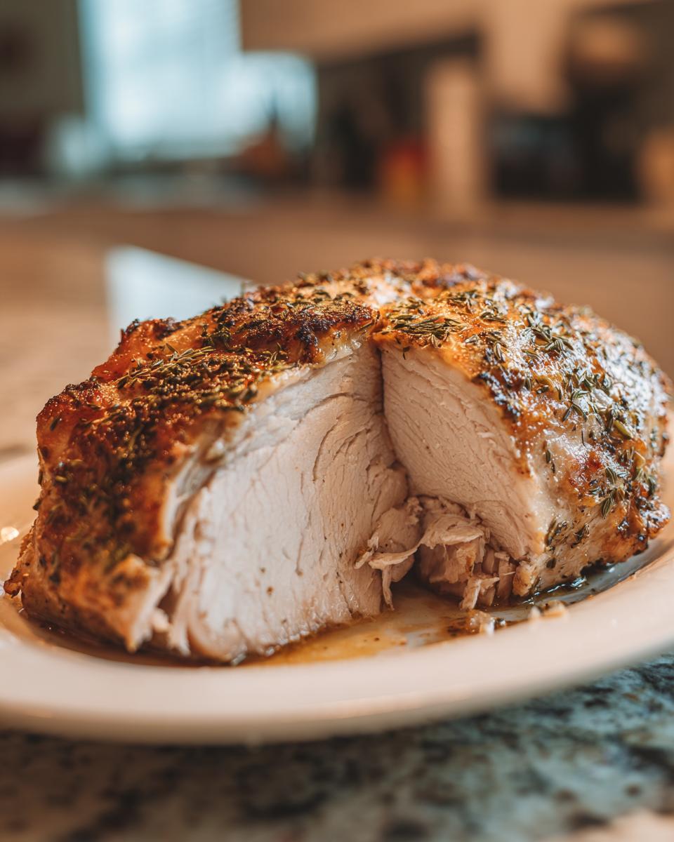 A close-up of a perfectly cooked, juicy slow cooker turkey breast, seasoned with herbs, sliced to show the tender interior.