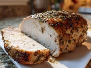 Close-up of a perfectly cooked, moist slow cooker turkey breast, sliced to show the white meat and herb-crusted exterior.
