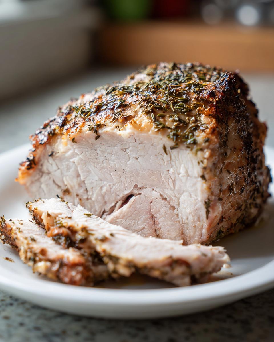 Close-up of a juicy, sliced slow cooker turkey breast seasoned with herbs on a white plate.