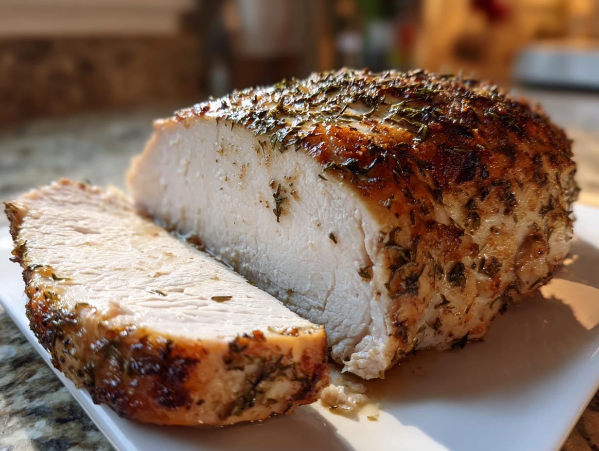 Close-up of a perfectly cooked, moist slow cooker turkey breast, sliced to show the white meat and herb-crusted exterior.