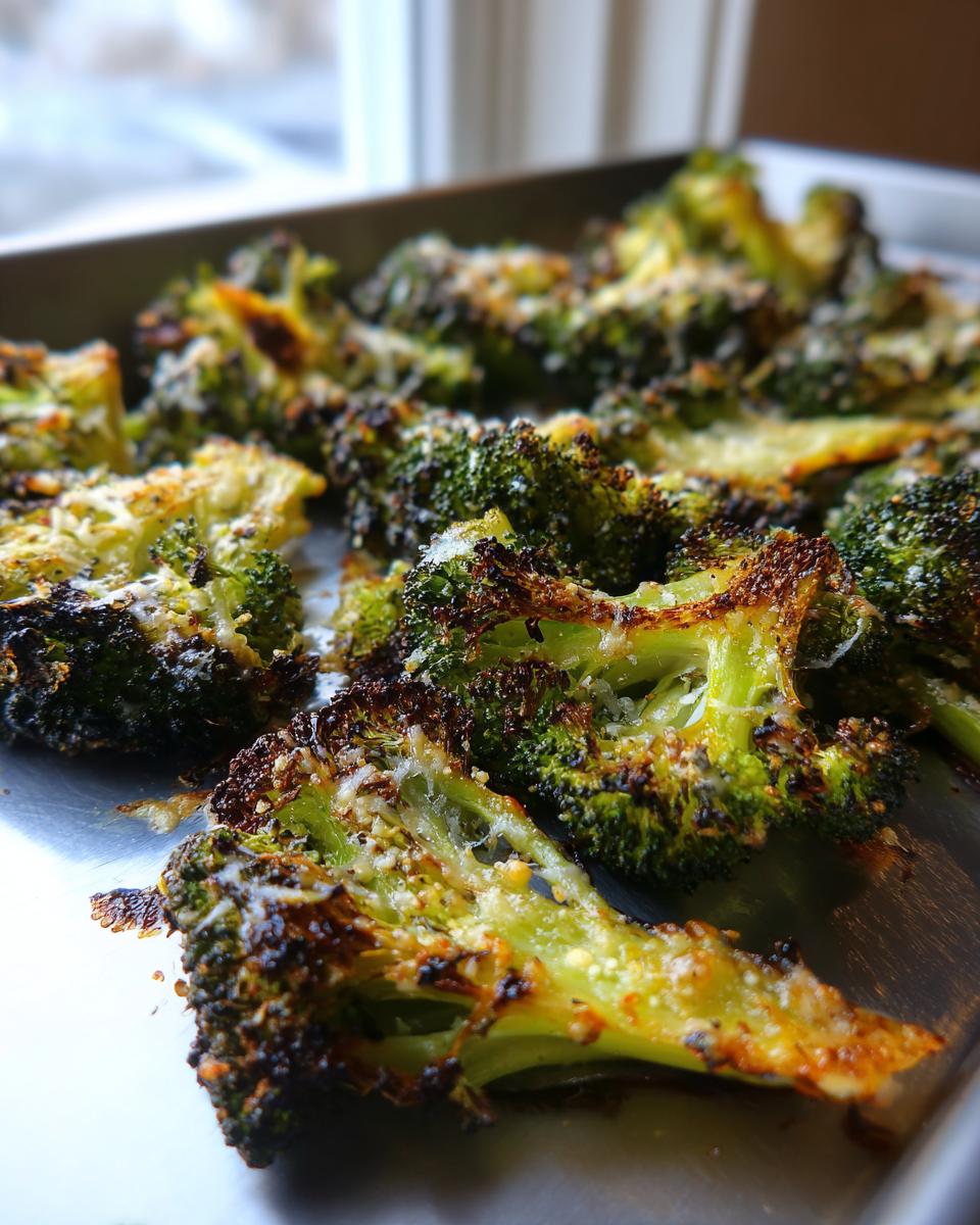 Close-up of crispy, roasted smashed broccoli florets topped with melted parmesan cheese on a baking sheet.