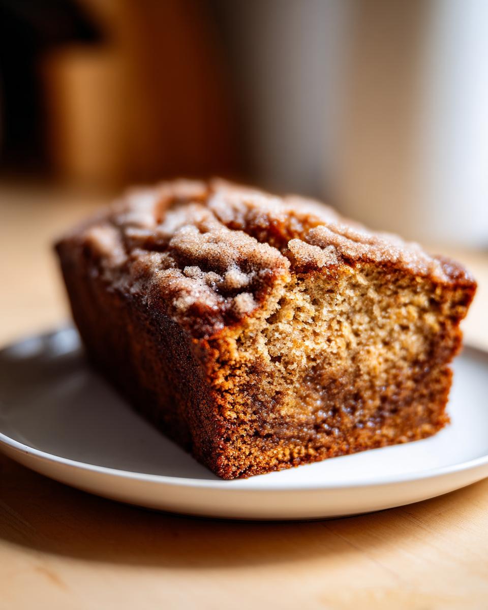 A close-up of a thick slice of snickerdoodle zucchini bread featuring a dark, moist crumb and a sugary cinnamon topping.