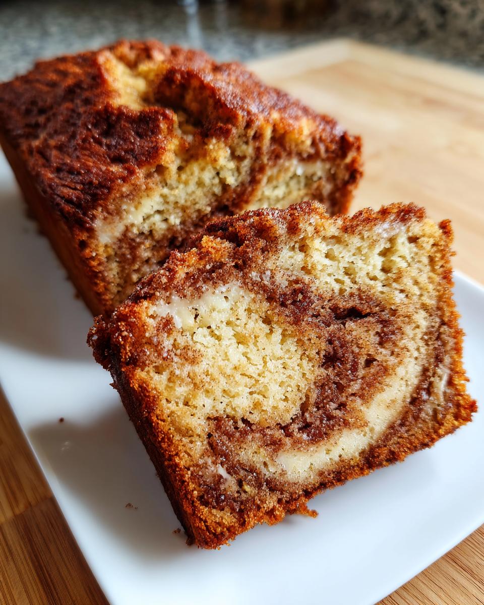 Close-up of a slice of snickerdoodle zucchini bread showing a rich cinnamon swirl inside the moist loaf.