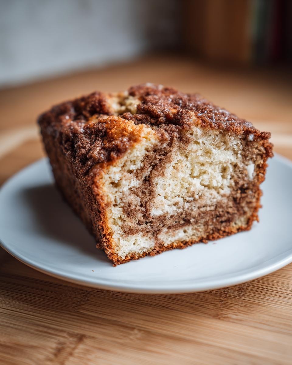 A thick slice of snickerdoodle zucchini bread featuring a cinnamon swirl and crumbly streusel topping, served on a white plate.