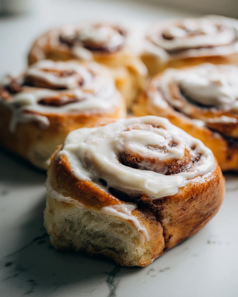 A close-up of one soft cinnamon bun, generously topped with white icing, with more cinnamon buns blurred in the background.