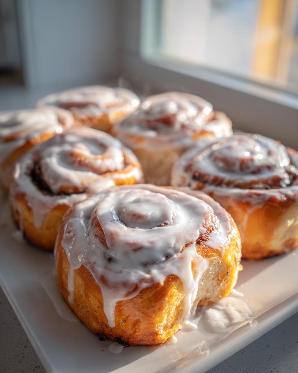 A close-up of several soft, golden-brown cinnamon buns generously topped with dripping white icing, sitting on a white tray near a window.