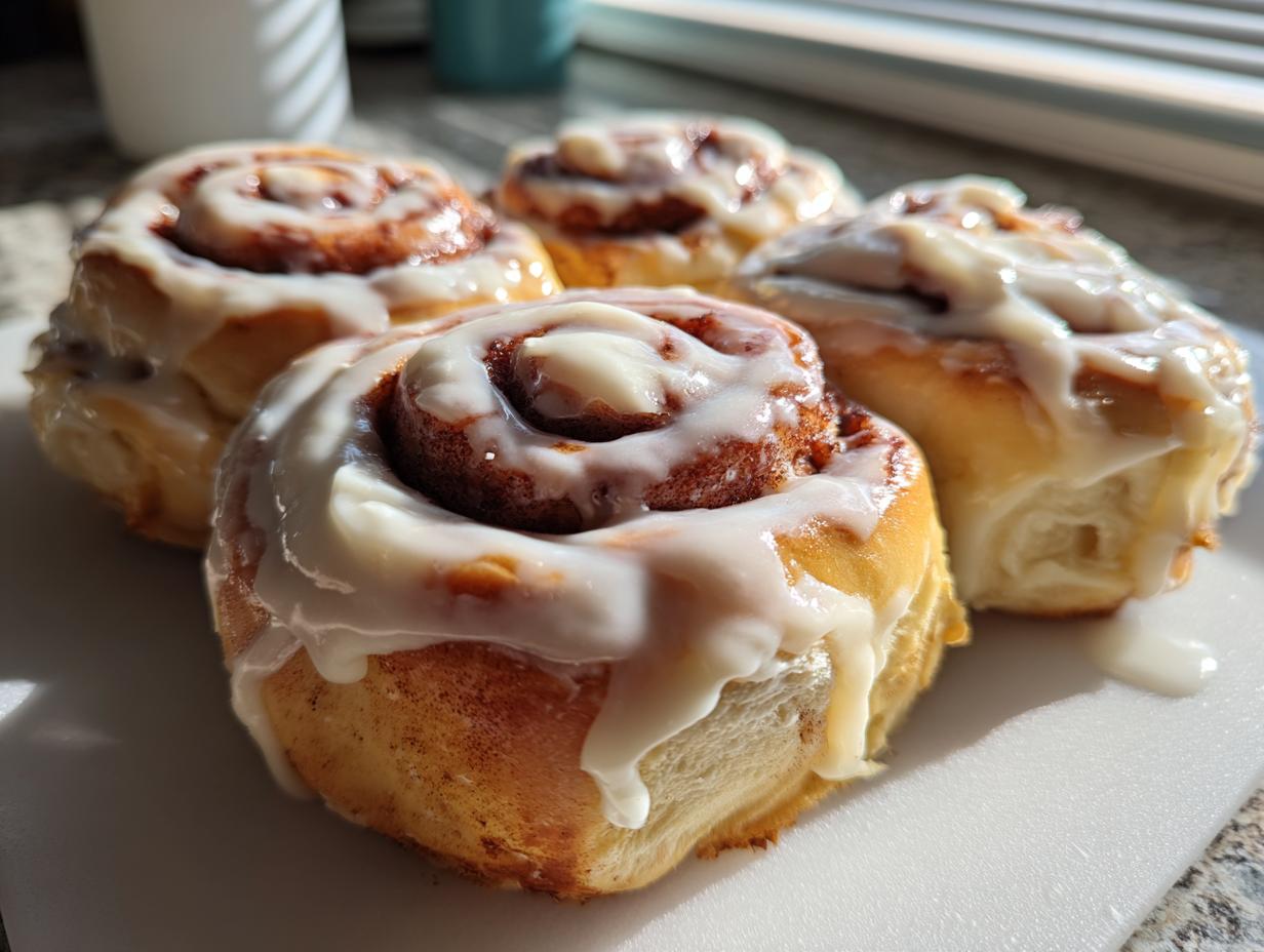 Close-up of four freshly baked, soft cinnamon buns generously topped with white cream cheese frosting.