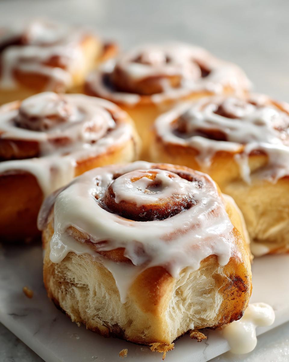 A close-up, shallow depth-of-field shot of several soft cinnamon buns topped with thick white icing.