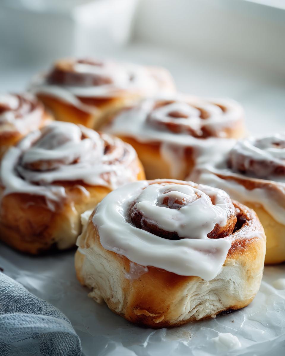 A close-up, shallow depth of field photo showing several soft cinnamon buns generously topped with thick white icing.