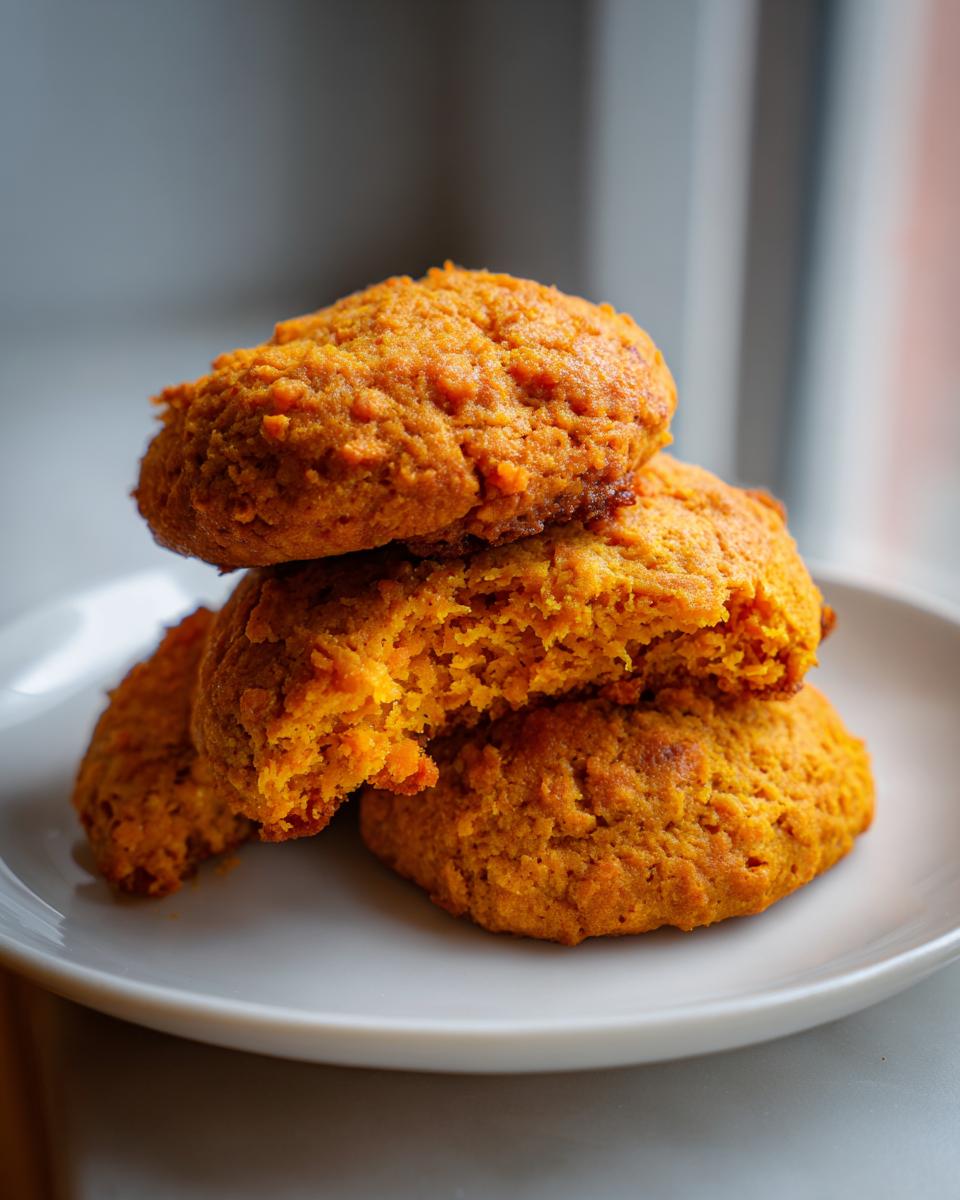 A stack of three soft, orange persimmon cookies on a white plate, one broken open to show the texture.