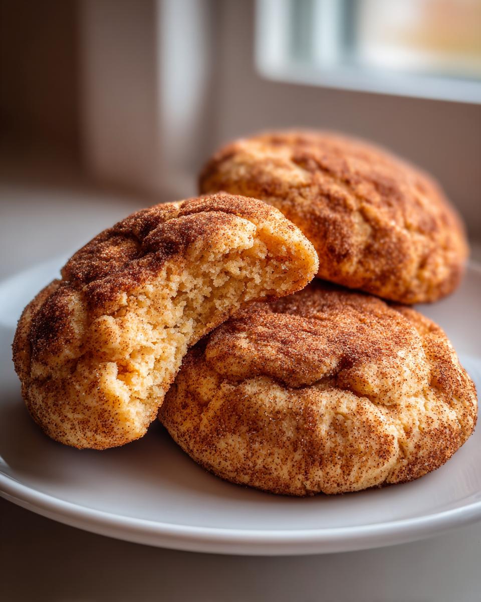 Close-up of soft pumpkin snickerdoodle cookies coated in cinnamon sugar, one cookie broken open to show the texture.