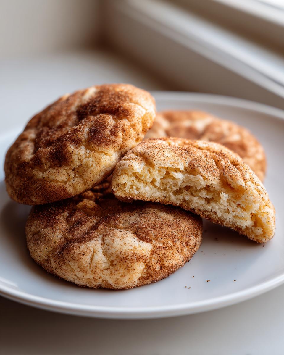 Close-up of soft, chewy pumpkin snickerdoodle cookies dusted with cinnamon sugar, one cookie broken in half.