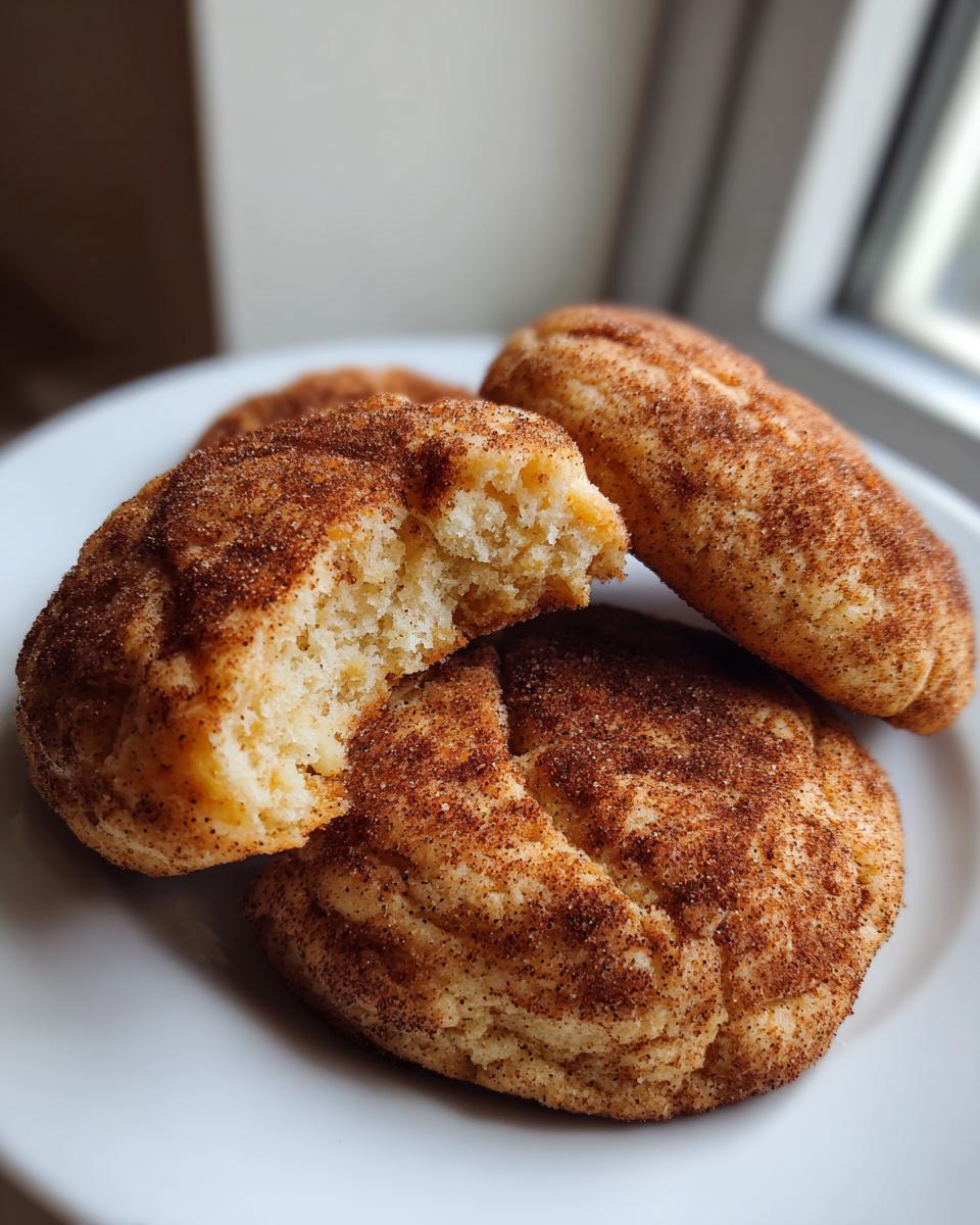 Close-up of soft pumpkin snickerdoodle cookies coated in cinnamon sugar, one cookie broken open to show the texture.