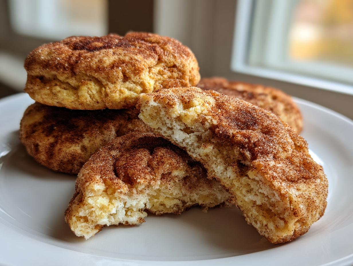 Close-up of several soft pumpkin snickerdoodle cookies coated in cinnamon sugar, one broken open to show the texture.