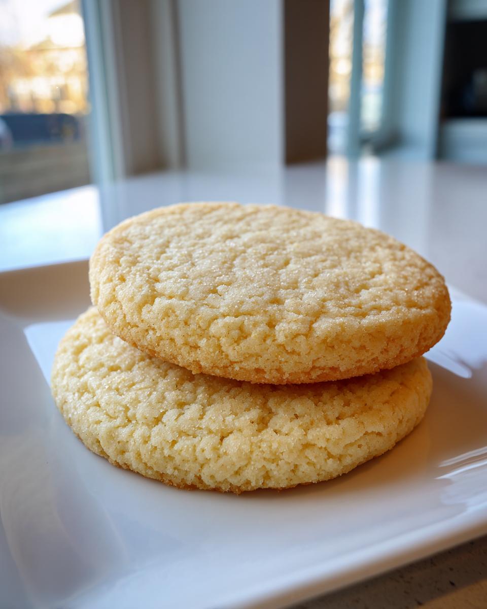 Close-up of two perfectly round, golden soft sugar cookies stacked on a white plate.