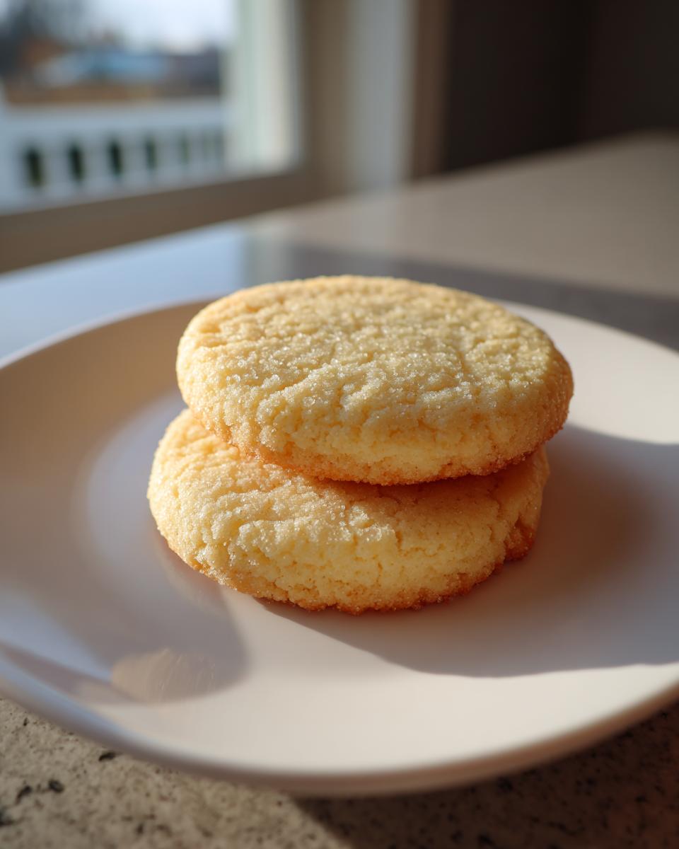Two round, pale yellow soft sugar cookies, lightly sprinkled with sugar, stacked on a white plate.
