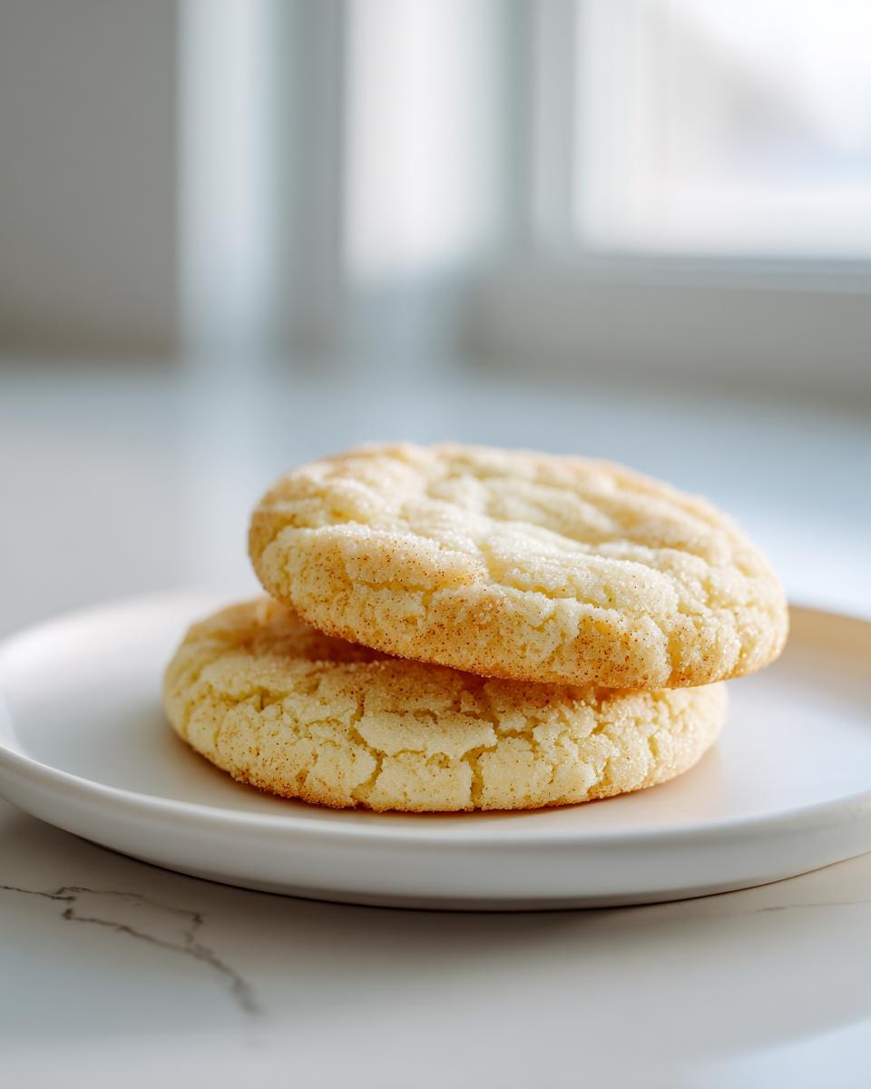 Two perfectly round, crackled soft sugar cookies coated in cinnamon sugar, stacked on a white plate.