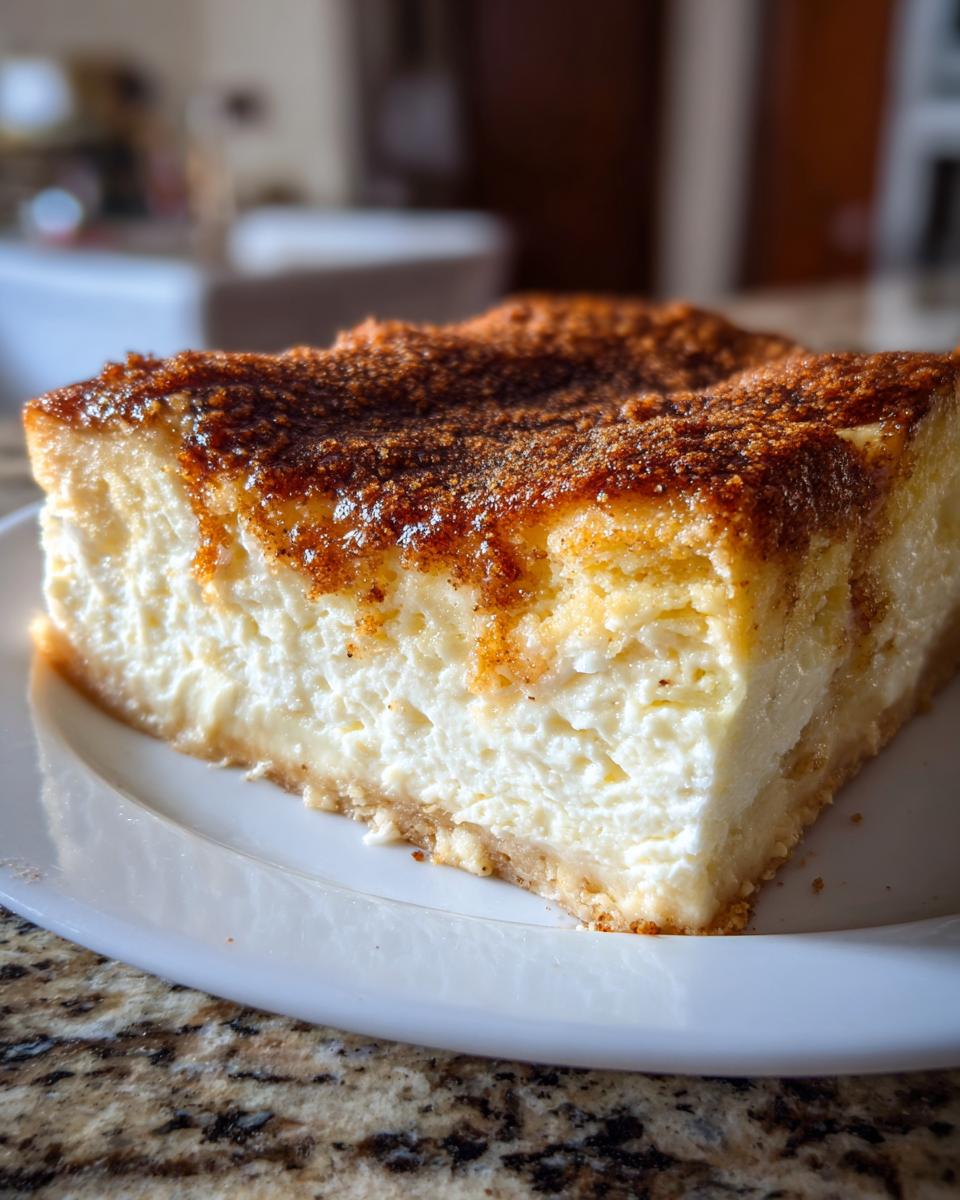 A close-up of a rich, creamy slice of sopapilla cheesecake with a caramelized cinnamon-sugar topping on a white plate.