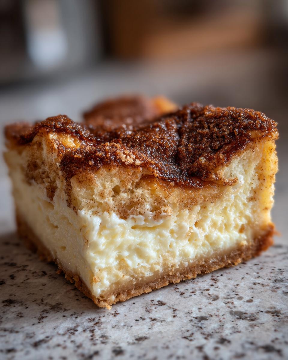 A close-up, macro shot of a rich slice of sopapilla cheesecake showing the creamy filling and cinnamon sugar topping.