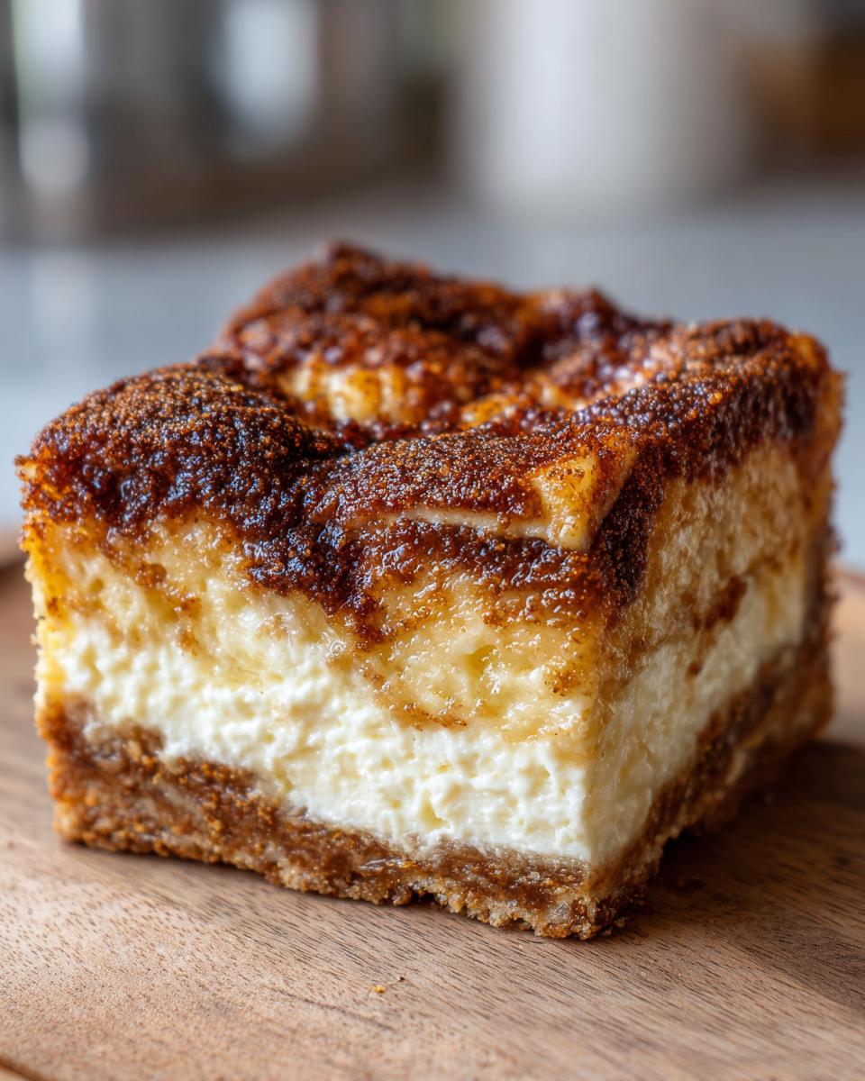 A rich, square slice of sopapilla cheesecake showing a thick cream cheese layer and a cinnamon-sugar topping.