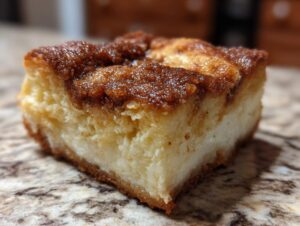 A close-up, macro shot of a thick square of amazing sopapilla cheesecake showing the creamy filling and cinnamon-sugar topping.