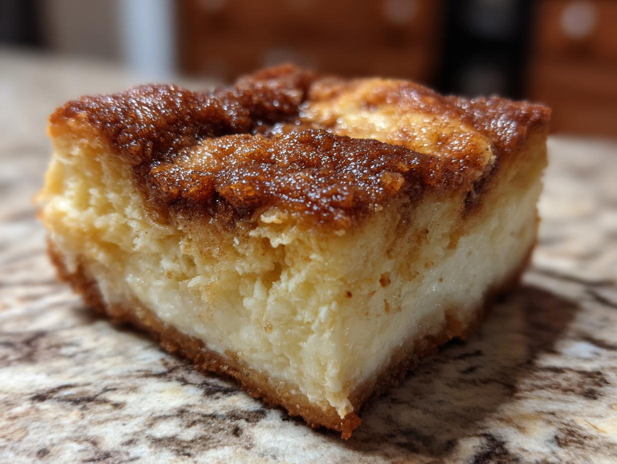 A close-up, macro shot of a thick square of amazing sopapilla cheesecake showing the creamy filling and cinnamon-sugar topping.