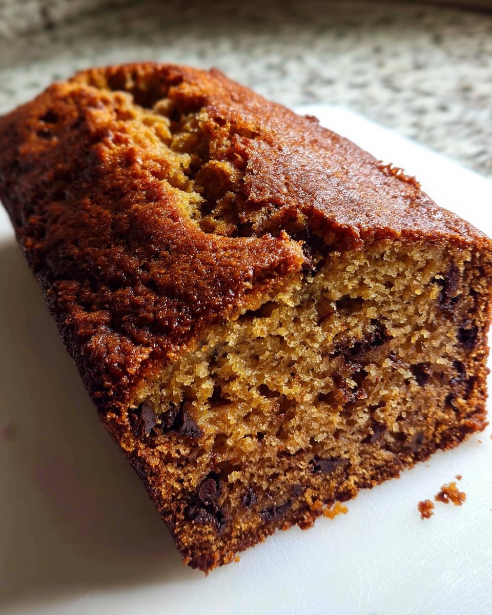 Close-up of a freshly baked loaf of sourdough banana bread with a dark, caramelized crust and visible chocolate chips inside.
