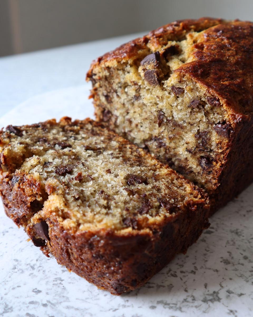Close-up of chocolate chip sourdough banana bread loaf with one thick slice cut and leaning against the main loaf.