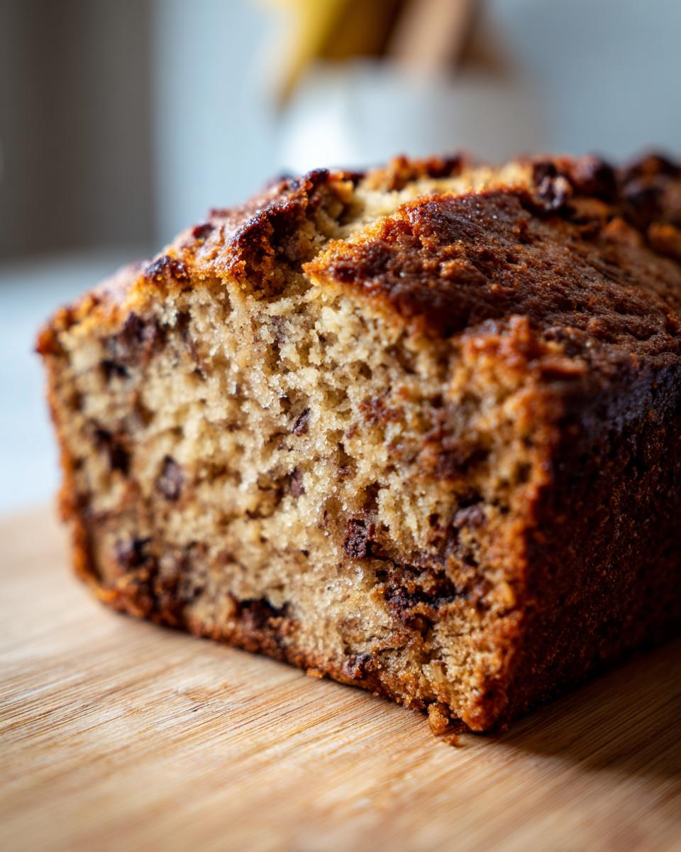 A close-up cross-section of moist sourdough banana bread studded with chocolate chips, resting on a wooden cutting board.