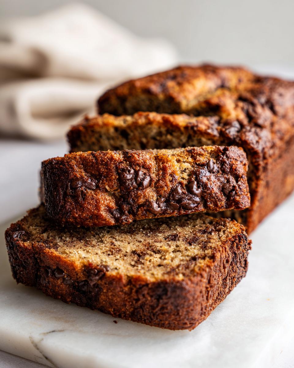 Close-up of two thick slices of moist sourdough banana bread studded with chocolate chips.
