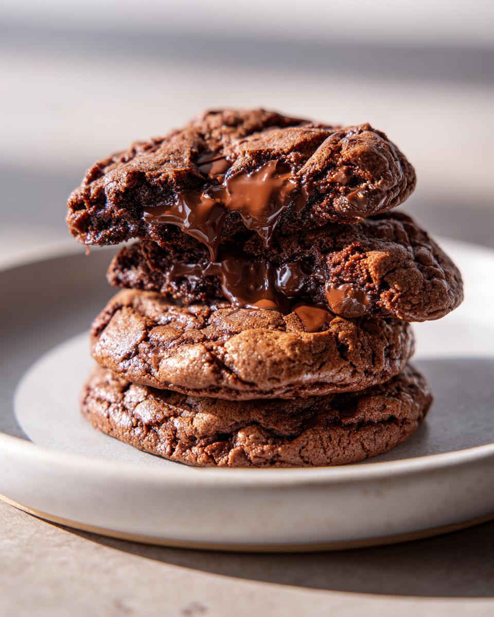A stack of three rich, dark chocolate sourdough chocolate chip cookies with melted chocolate oozing from the top cookie.
