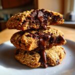 Stack of three gooey sourdough chocolate chip cookies with melted chocolate dripping down the side.