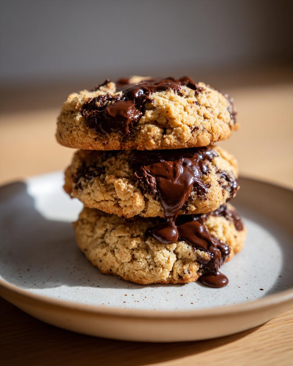 Three thick sourdough chocolate chip cookies stacked on a plate with rich, melted chocolate dripping down the sides.