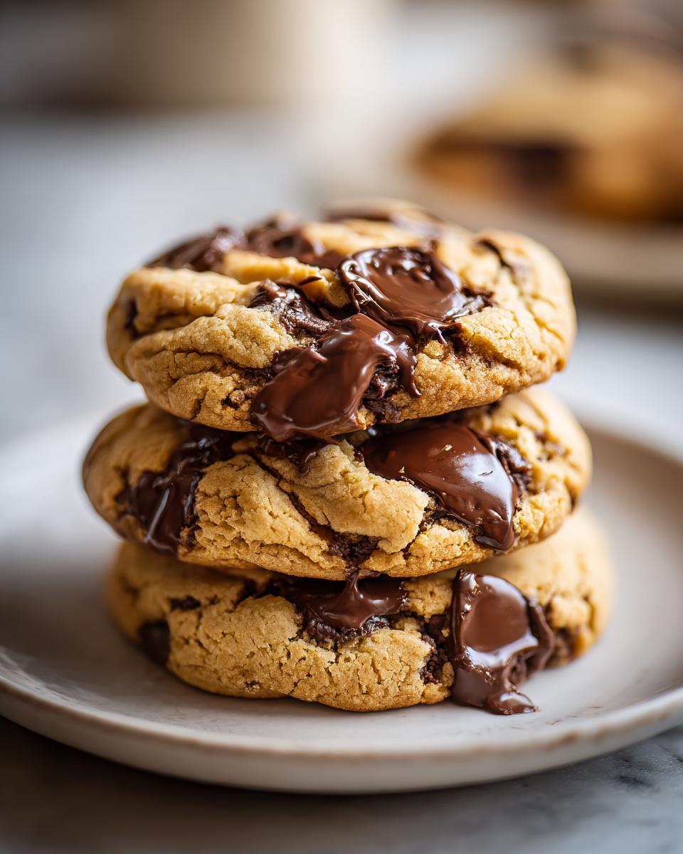 A stack of three gooey sourdough chocolate chip cookies with melted chocolate dripping down the sides.