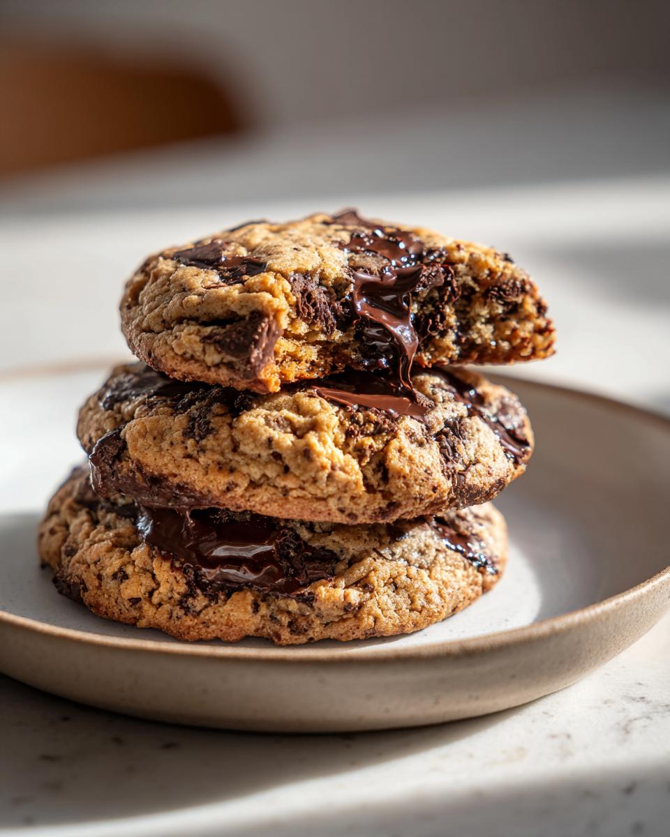 A stack of three gooey sourdough chocolate chip cookies with melted chocolate dripping from the top cookie.