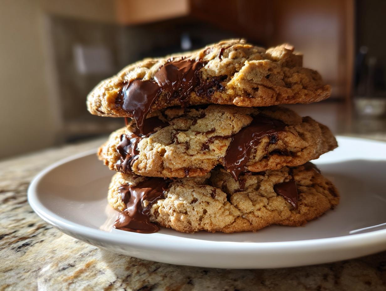 A stack of three gooey sourdough chocolate chip cookies with rich, melted chocolate dripping down the sides.
