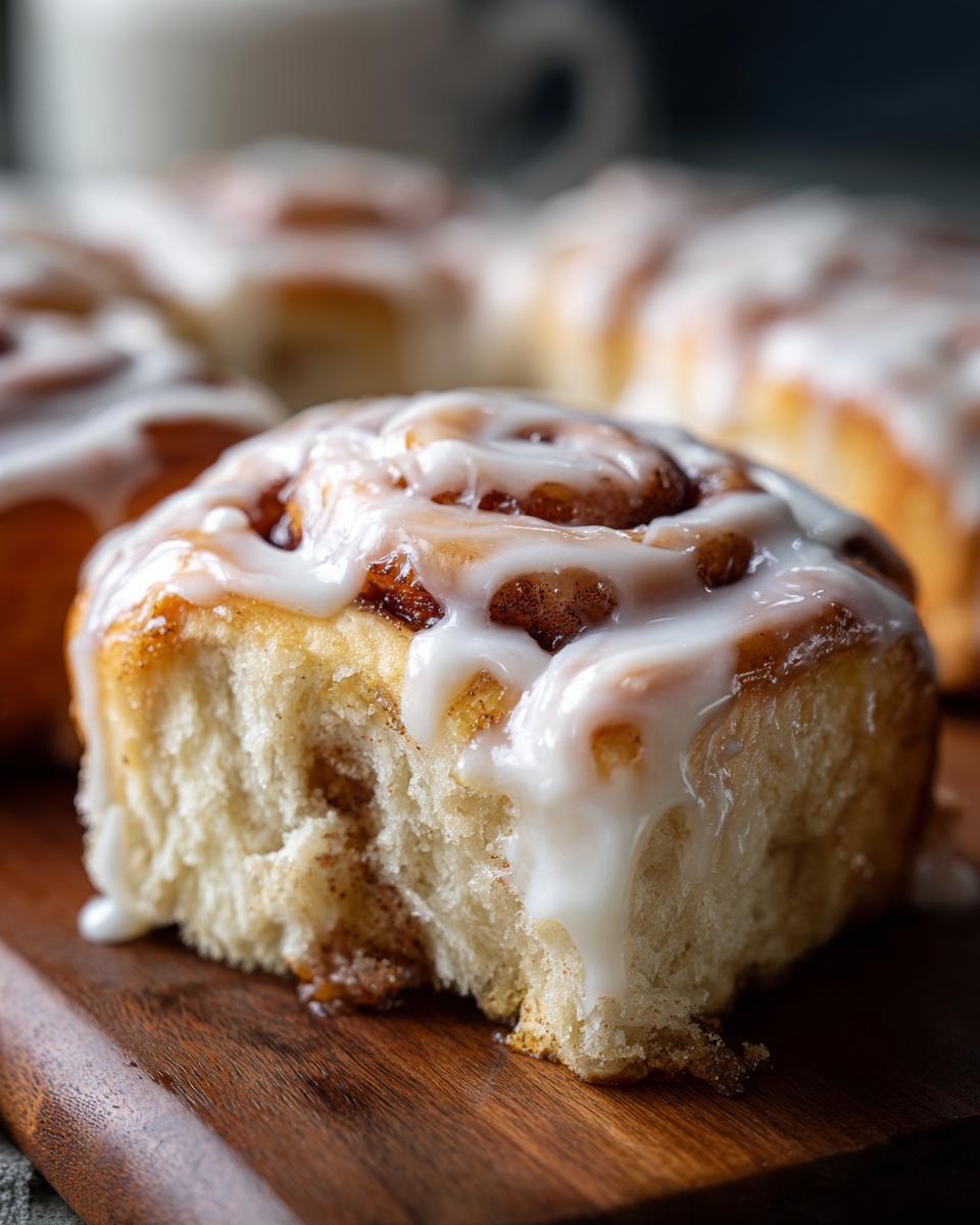 A close-up of a fluffy sourdough discard cinnamon roll, dripping with white icing, resting on a wooden board.